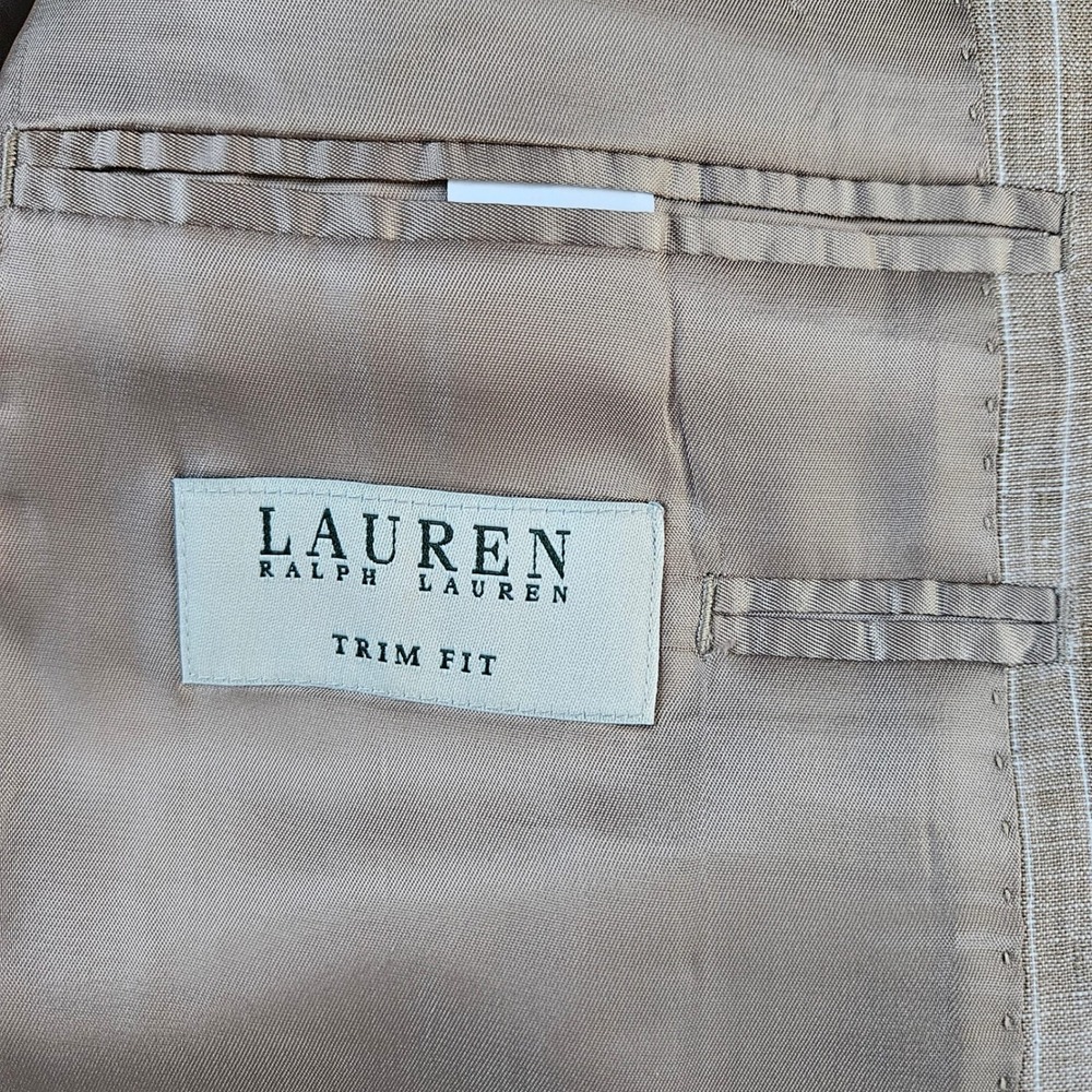 Ralph Lauren Linen Suit Men's 40S Tan Pinstripe Trim Fit Jacket Pants W33x30 - Picture 3 of 16